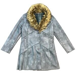 Vintage Y2K Excelled Collection Blue Gray Faux Shearling Coat Faux Fur Trim XL